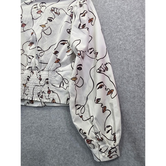 Milk & Honey Face Line Art Cropped Blouse White Black Neck Tie Puff Sleeve M - Picture 9 of 10